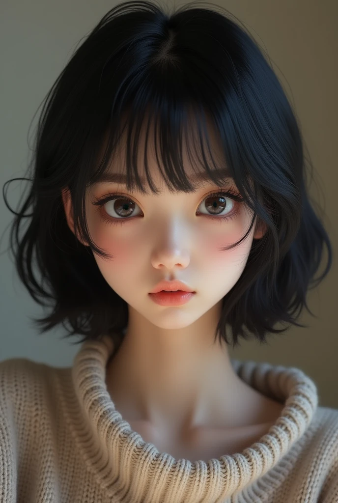 (masterpiece:1.3), (8k, Realistic, RAW Photos, Highest quality: 1.4), (One girl), Beautiful Face, (Realistic Face), (Black Hair, short hair:1.3), Beautiful hairstyle, Realistic eyes, Beautiful attention to detail, (Realistic Skin), Beautiful Skin, (sweater), Absurd, Charm, Ultra-high resolution, Ultra-realistic, Very detailed, Golden Ratio,The hairstyle is short,The whole body is visible,Big Breasts,Japanese,Simple face