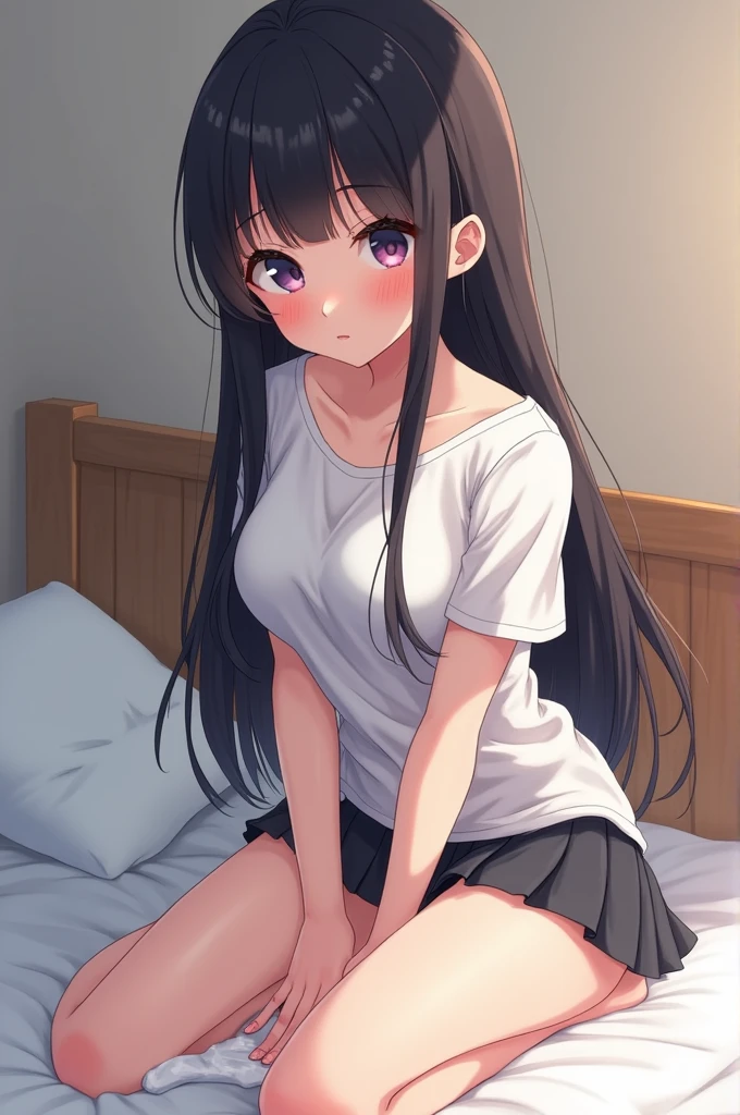 Anime Girl peeing herself white sticky pee, mini pleated skirt, very long black hair , in bed, extremely shy,