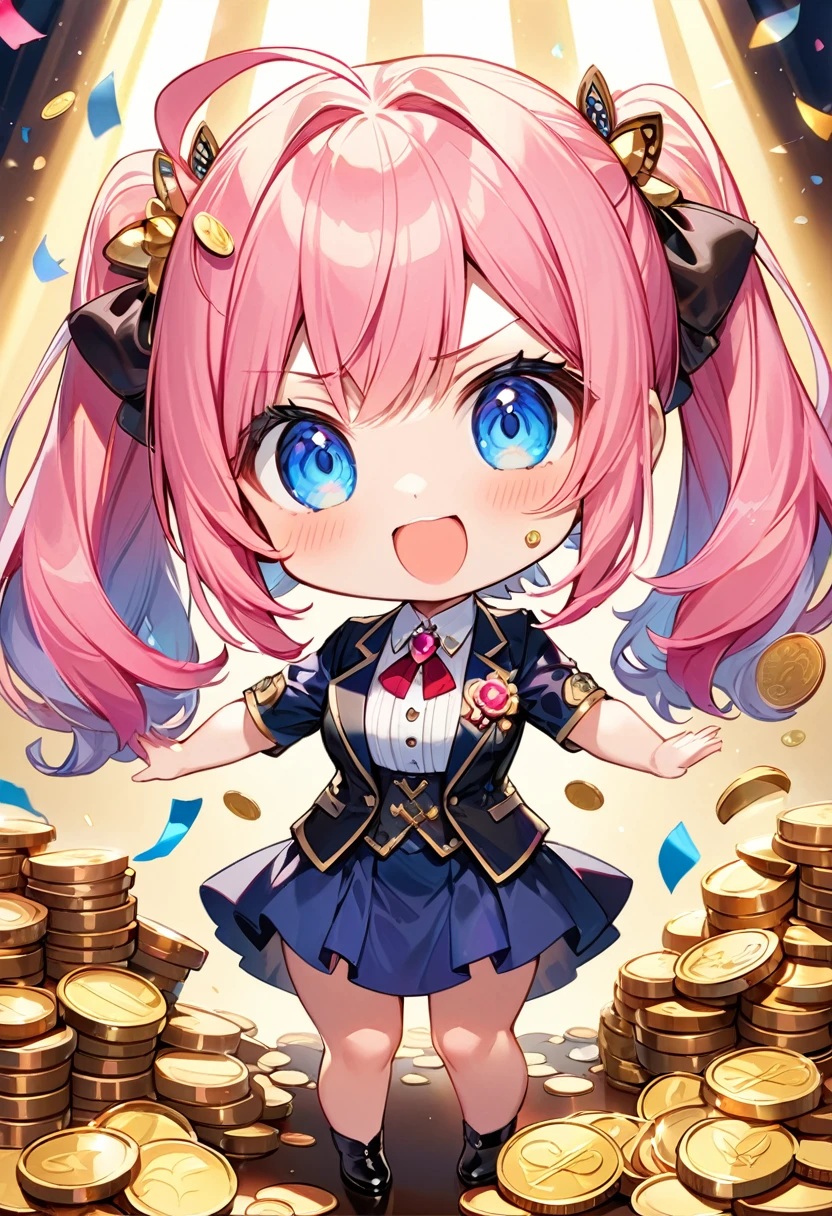 Highest quality、High resolution、Detailed Background、Beautiful face in every detail、Anatomically correct、Detailed facial expressions、fine grain、((upper body, from front:1.2, side shot, looking viewer:1.2)), break ((One Girl:1.2)、((Chibi Girl:1.2)))、Bright pretty hair color、Big beautiful blue eyes、Fuller lips、Pink Lips、Braided twin tails、Ahoge、(Betting all over a huge pile of coins:1.2)、(Cute formal wear、cute leather shoes)、break (stretch both arms horizontally、I have nothing in my hands:1.2)、(Angry expression:1.2、Big smile:1.2、Sweat on the forehead、Cheek sweat)、(Casino background:1.2、A large amount of coins on the table、Confetti、Spotlight)