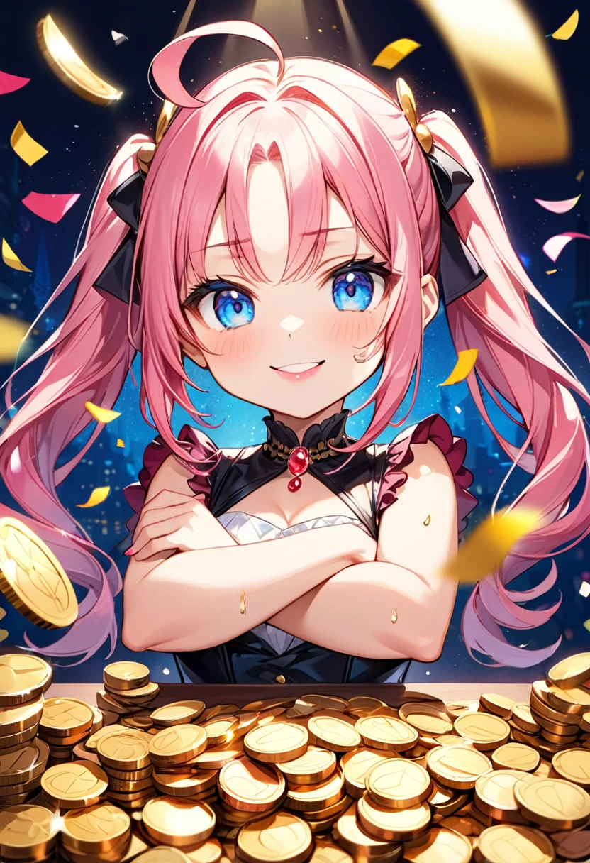 Highest quality、High resolution、Detailed Background、Beautiful face in every detail、Anatomically correct、Detailed facial expressions、fine grain、((upper body, from front:1.2, side shot, looking viewer:1.2)), break ((One Girl:1.2)、((Chibi Girl:1.2)))、Bright pretty hair color、Big beautiful blue eyes、Fuller lips、Pink Lips、Braided twin tails、Ahoge、(Betting all over a huge pile of coins:1.2)、(Cute formal wear、cute leather shoes)、break (stretch both arms horizontally、I have nothing in my hands:1.2)、(Angry expression:1.2、Big smile:1.weat on the forehead、Cheek sweat)、(Casino background:1.2、A large amount of coins on the table、Confetti、Spotlight)
