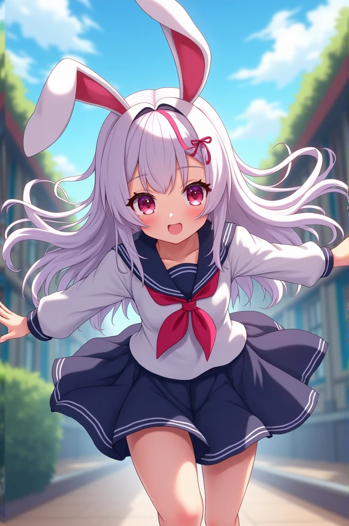 White haired girl with pink strips and a bunny ears flopps down in a school uniform