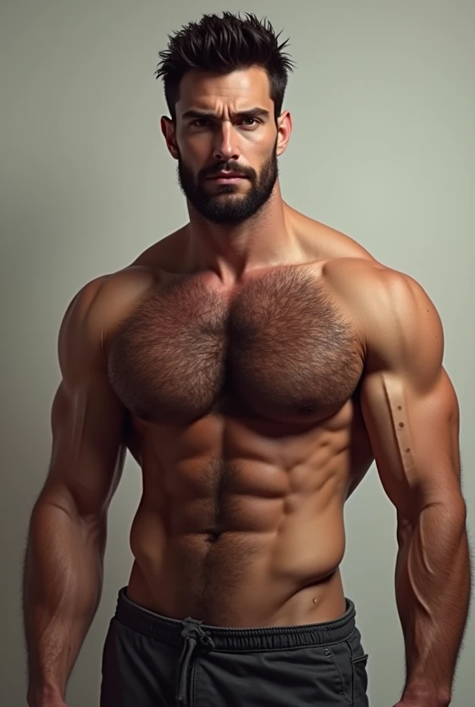 a handsome man, muscular and hairy chest. no beard