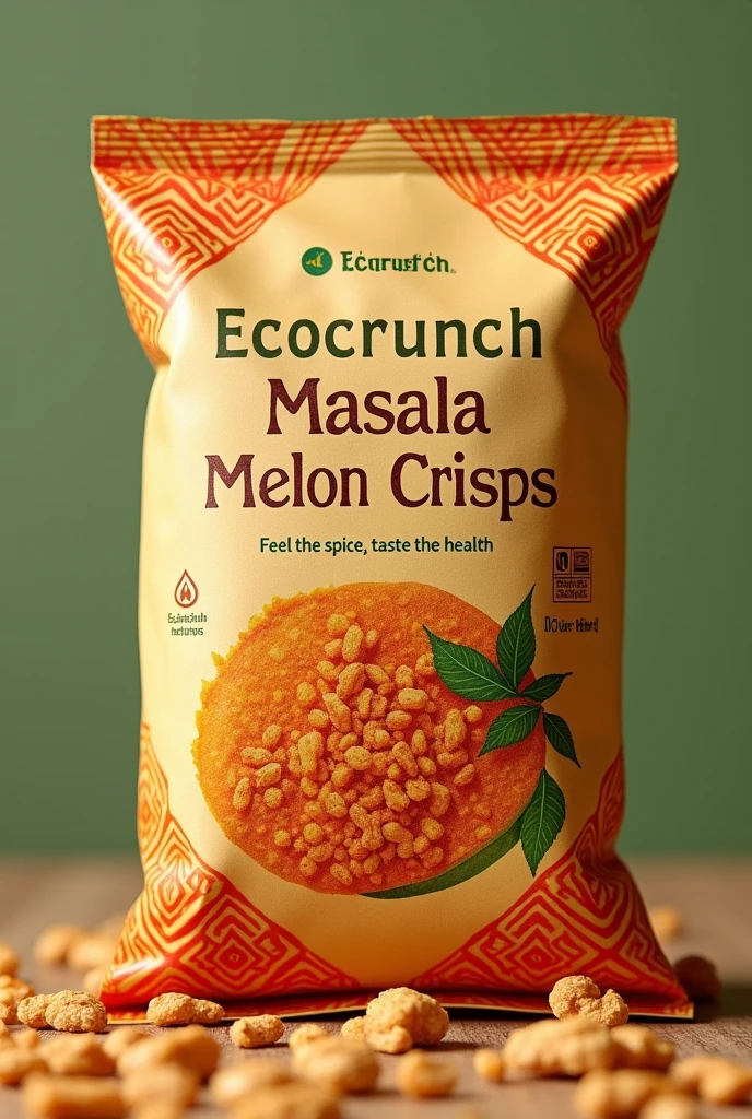 A visually appealing packaging design for chips packet
Chips are made of muskmelon seeds powder mixed with water , dry roasted and topped with indian spices
Indian touch required to the packaging
Creative designs
Comapny name - Ecocrunch
Tagline to be included - Feel the spice, taste the health
Name of the chips to be in the centre - Masala Melon Crisps