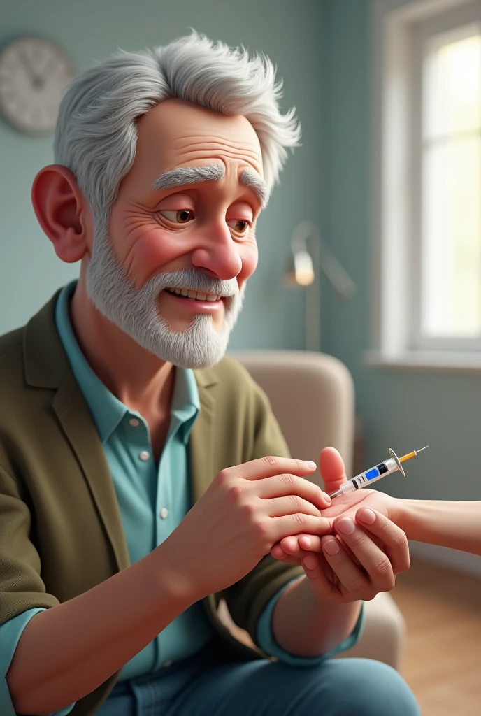 3d illustration image of older man taking vaccination on hand