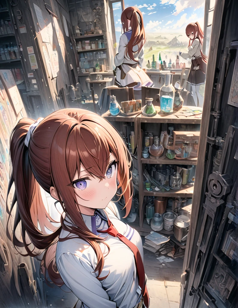 (makise kurisu, Steinsgate),((style:Colored pencil,pale colour))、(anime)、(masterpiece:1.2),Atmospheric perspective,Lens flare、Fantasy worldview、(Alchemist Girl)、A room in the laboratory、cute、(Otherworldly clothing)、(ponytail)