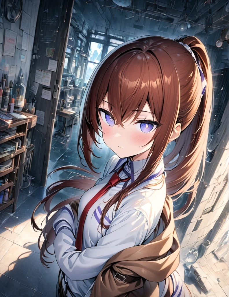 (makise kurisu, Steinsgate),((style:Colored pencil,pale colour))、(anime)、(masterpiece:1.2),Atmospheric perspective,Lens flare、Fantasy worldview、(Alchemist Girl)、A room in the laboratory、cute、(Otherworldly clothing)、(ponytail)