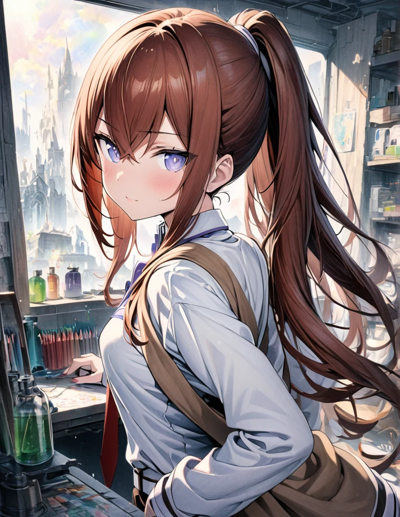 (makise kurisu, Steinsgate),((style:Colored pencil,pale colour))、(anime)、(masterpiece:1.2),Atmospheric perspective,Lens flare、Fantasy worldview、(Alchemist Girl)、A room in the laboratory、cute、(Otherworldly clothing)、(ponytail)