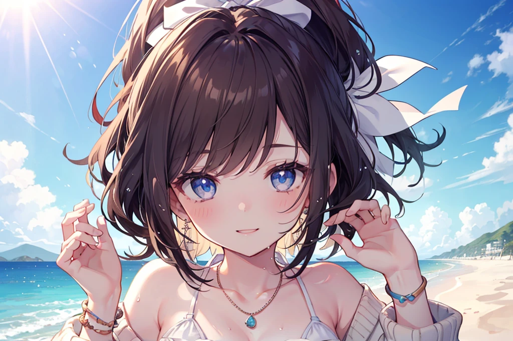 (((girl kawaii))), (a Very delicate and beautiful girl), ((Ultra-fine illustrations)), (Very delicate and beautiful), charactera girl, Please raise your hand, Wet, girl, age girl, Flowing Hair, (High Ponytail), (Long dark brown hair), Beautiful and fine hair, Very beautiful and detailed anime faces and eyes, (smile), Intricate details、Beautiful and delicate eyes, Bright Eyes, Open your mouth, Cleavage, Pale blue eyes, White skin, Frills, Hair Ribbon, Earrings, Gemstone Necklace, bracelet, (White Bikini), cardigan, Wet clothes, Open Court, White clothes, (Beach), (blue sky), sunlight, Backlight, Highly detailed light, ((Absurd)), (((wallpaper 8k CG))), masterpiece,