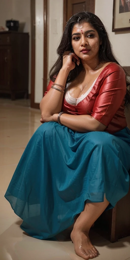 Day scene, full body photo of a plus sized 45 year old indian with a man from top view, (Masterpiece, Best Quality, High Resolution), office Background, (cum Splash on her breasts and nipples, cum Splash on her face, Splash of cum, cum Splash on her blouse, cum Splash on her eys), Sweet 25 year old South indian women sitting on her knees in a crowded party hall with a man, hour glass body red lips, silver colour silky gown, lightly makeup,ultra realistic, realistic, look at viewer (cinematic:1.3), intricate details,