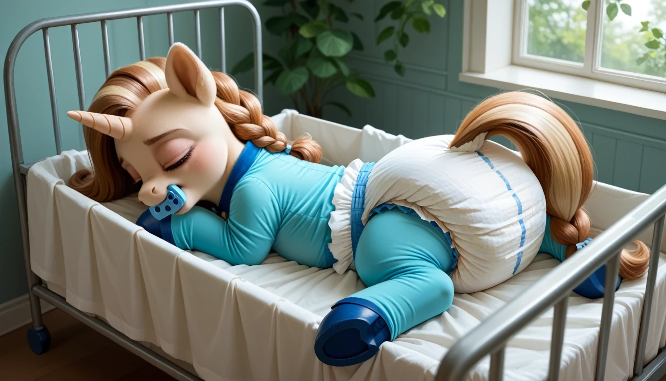 pony, light caramel unicorn, adult filly, plum eyes, lush mane braided, bushy tail, sleeps in a crib, closed eyes, dressed in a blue bodysuit and blue booties, blue pacifier in mouth, solo, thick light blue diaper under clothes, bulge on the back of the diaper, between the hind hooves and on the front of the diaper, saggy diaper.