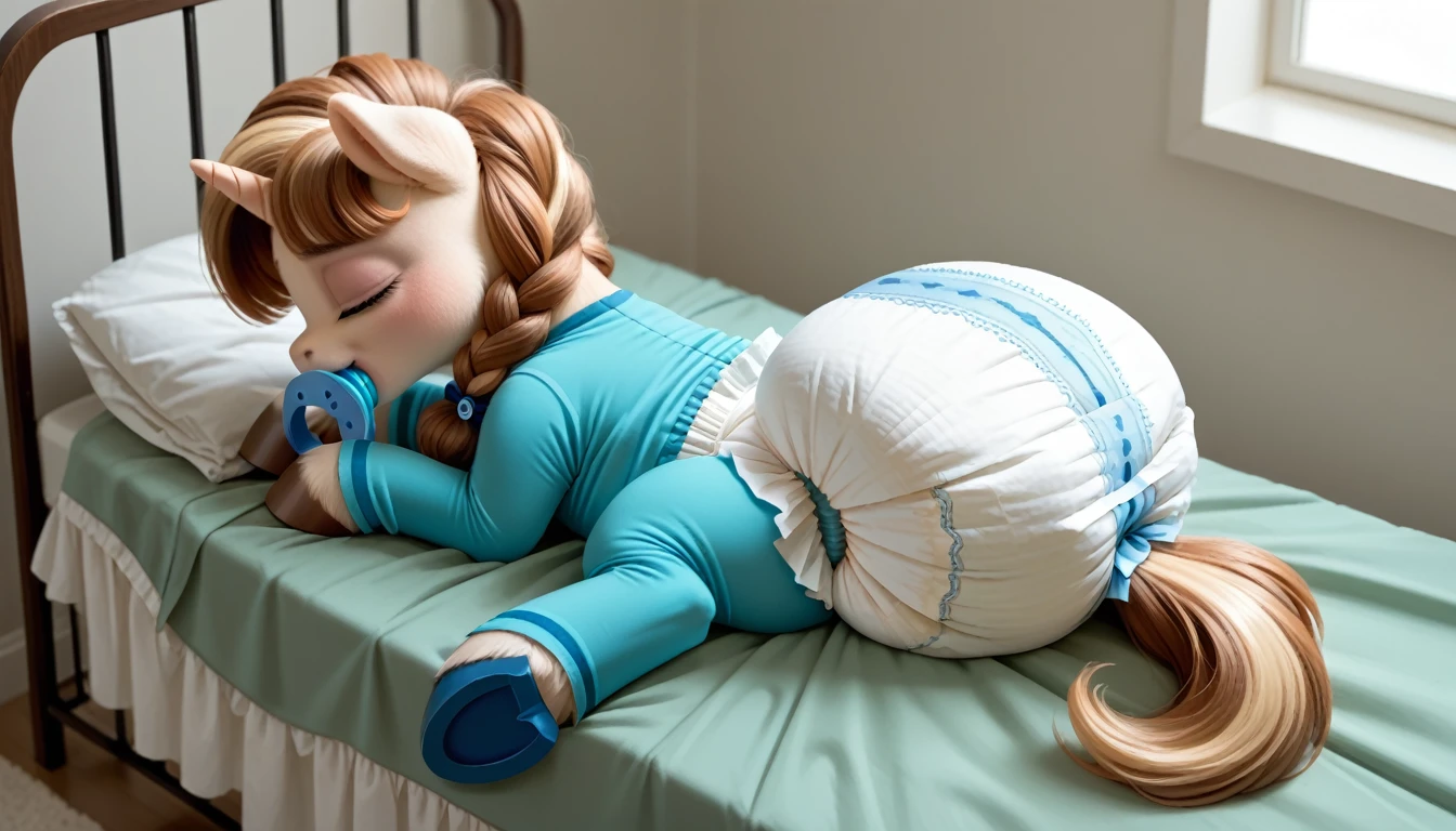 pony, light caramel unicorn, adult filly, plum eyes, lush mane braided, bushy tail, sleeps in a crib, closed eyes, dressed in a blue bodysuit and blue booties, blue pacifier in mouth, solo, thick light blue diaper under clothes, bulge on the back of the diaper, between the hind hooves and on the front of the diaper, saggy diaper.