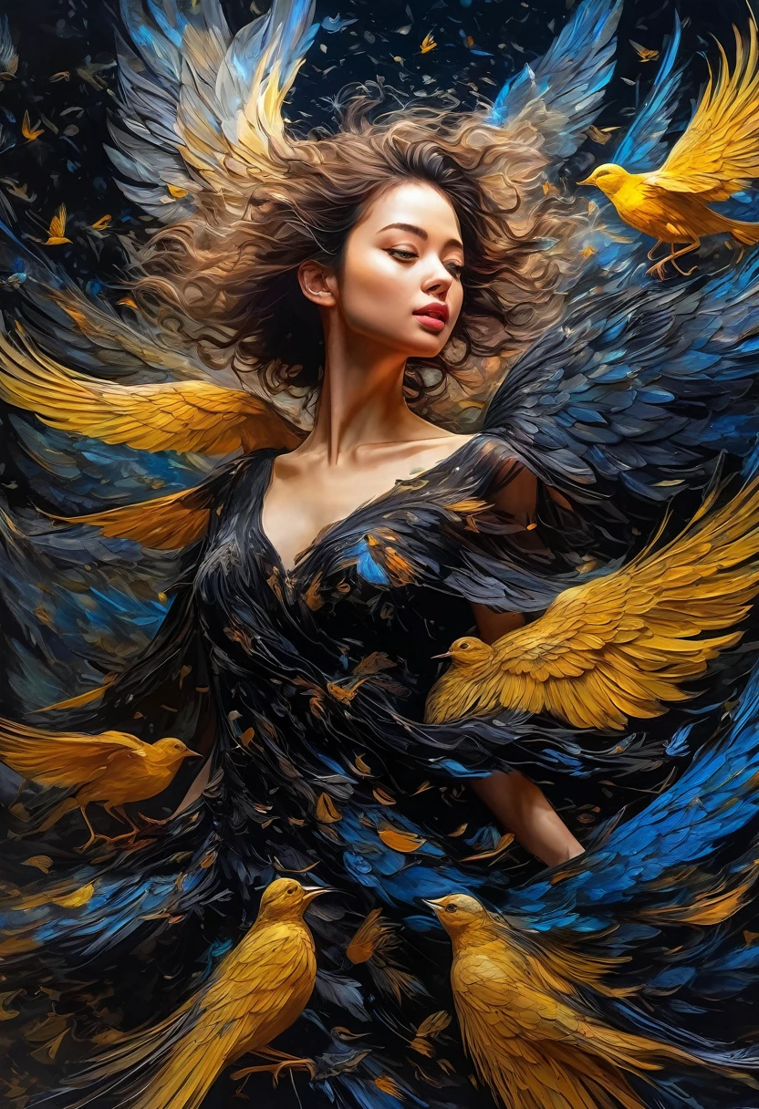 Rough surface, oil on canvas style, delicate face, upper body, a girl, a girl in a black dress, big bird wings, fluttering, surrounded by birds, extreme flow, night, super detailed, intricate, 32k uhd megapixels
best quality --iw 0.5 --q 2 - -s 750 - -two 2 5