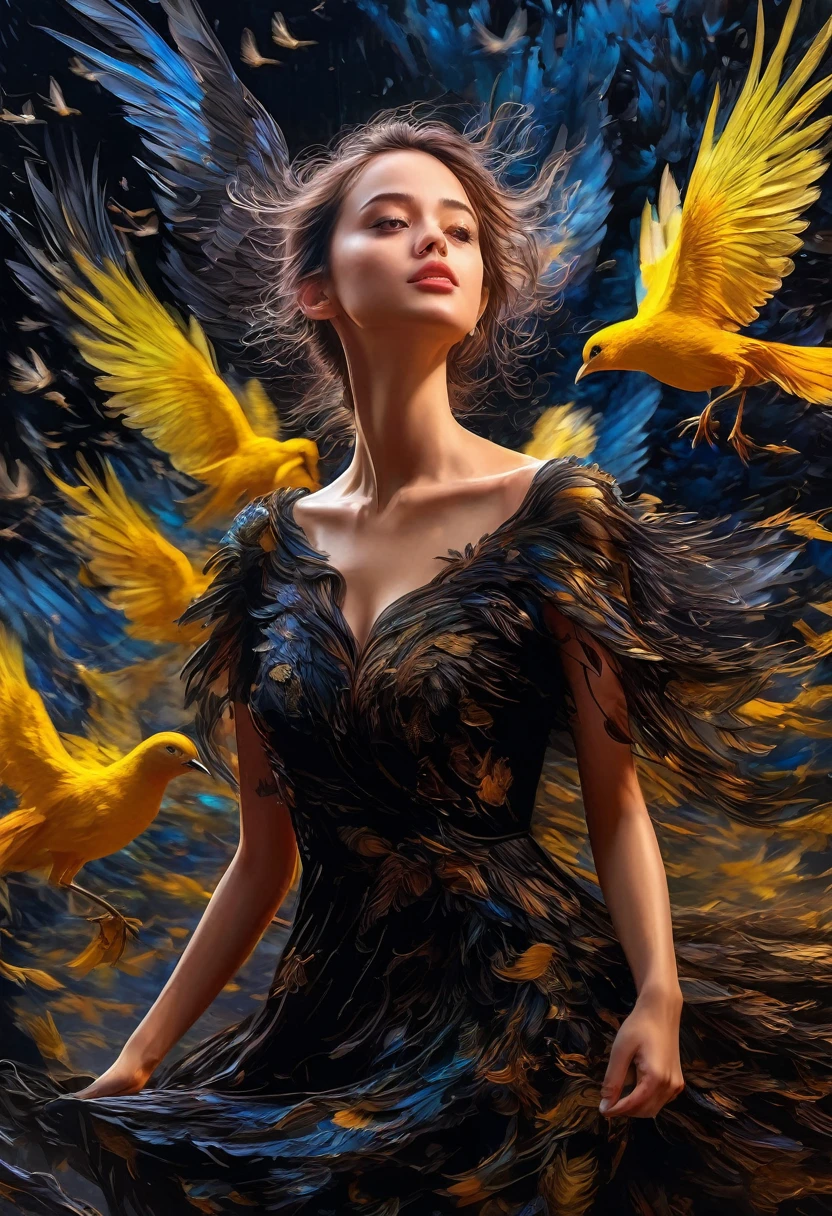 Rough surface, oil on canvas style, delicate face, upper body, a girl, a girl in a black dress, big bird wings, fluttering, surrounded by birds, extreme flow, night, super detailed, intricate, 32k uhd megapixels
best quality --iw 0.5 --q 2 - -s 750 - -two 2 5