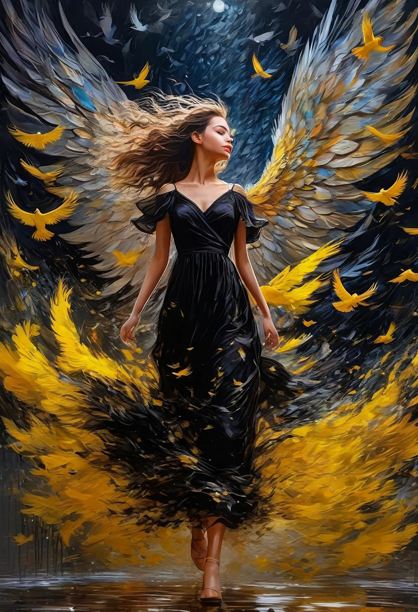 Rough surface, oil on canvas style, delicate face, upper body, a girl, a girl in a black dress, big bird wings, fluttering, surrounded by birds, extreme flow, night, super detailed, intricate, 32k uhd megapixels
best quality --iw 0.5 --q 2 - -s 750 - -two 2 5
