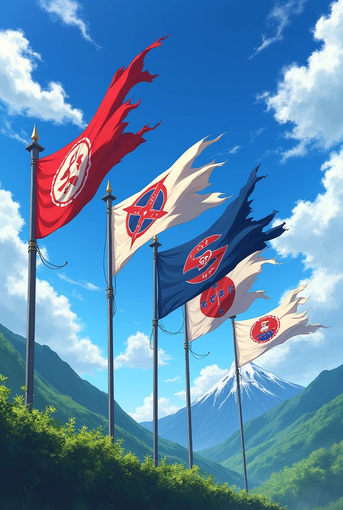 5 banner flags raising anime front