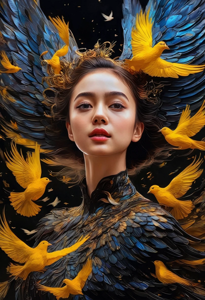 Rough surface, oil on canvas style, delicate face, upper body, a girl, a girl in a black dress, big bird wings, fluttering, surrounded by birds, extreme flow, night, super detailed, intricate, 32k uhd megapixels
best quality --iw 0.5 --q 2 - -s 750 - -two 2 5