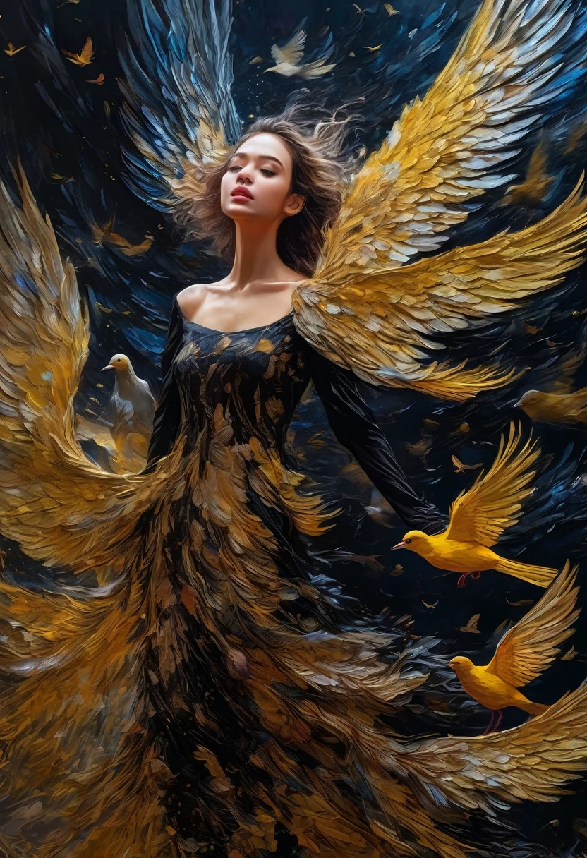 Rough surface, oil on canvas style, delicate face, upper body, a girl, a girl in a black dress, big bird wings, fluttering, surrounded by birds, extreme flow, night, super detailed, intricate, 32k uhd megapixels
best quality --iw 0.5 --q 2 - -s 750 - -two 2 5