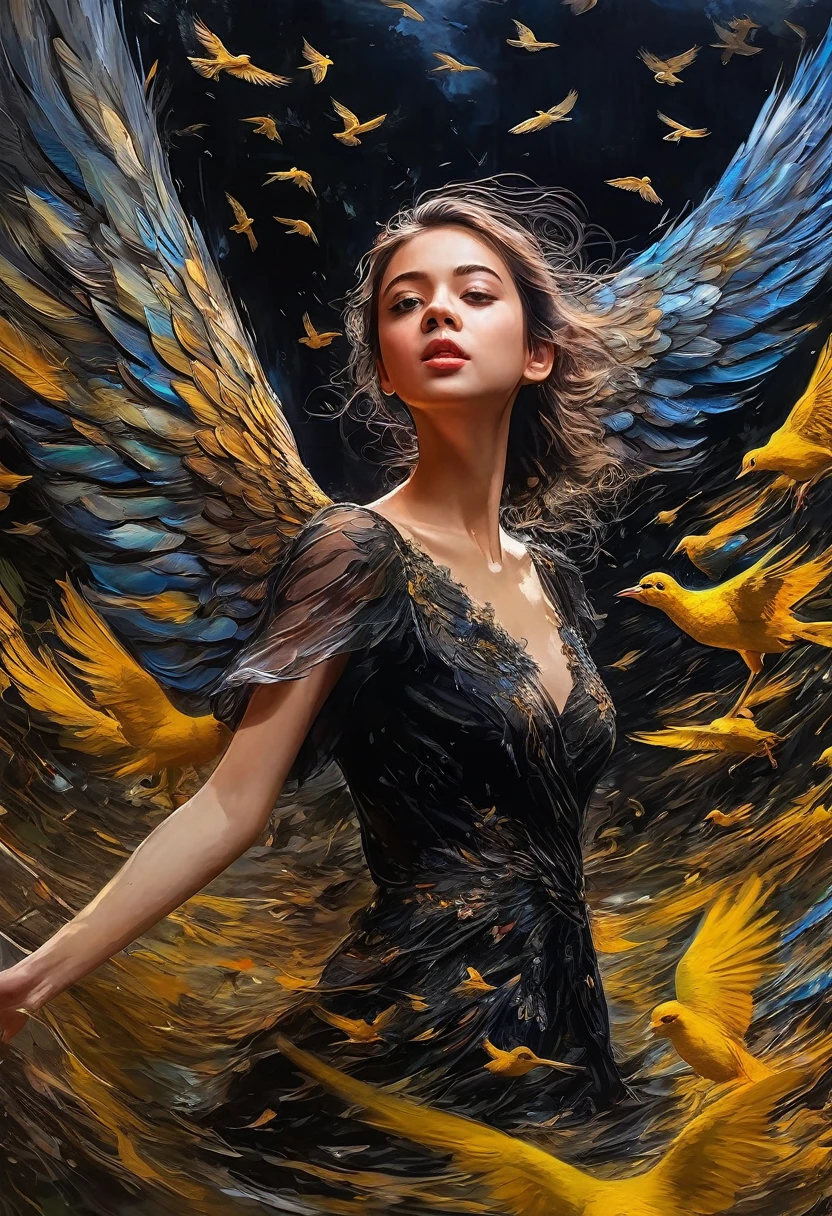 Rough surface, oil on canvas style, delicate face, upper body, a girl, a girl in a black dress, big bird wings, fluttering, surrounded by birds, extreme flow, night, super detailed, intricate, 32k uhd megapixels
best quality --iw 0.5 --q 2 - -s 750 - -two 2 5