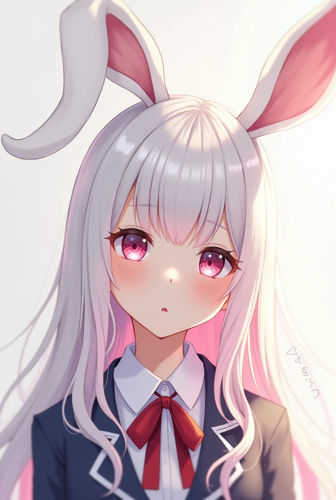 White haired girl with pink tips and a bunny ears that is flopps down and wearing a school uniform