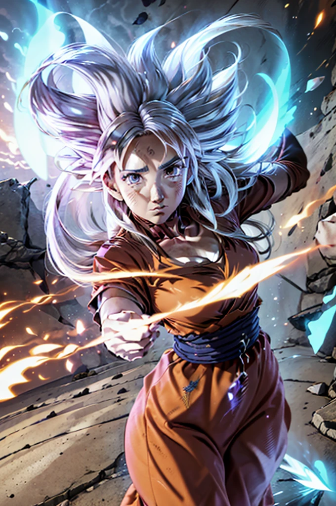 8k, Best Quality, masterpiece, Victoria Villarruel dressed as Goku, 1 girl, ultra_instinct, white_hair, glowing aura, bright white long hair, floating hair raised, bright silver eyes, slim with wide hips, serious mocking expression. outdoor, clearing, plain, desert.