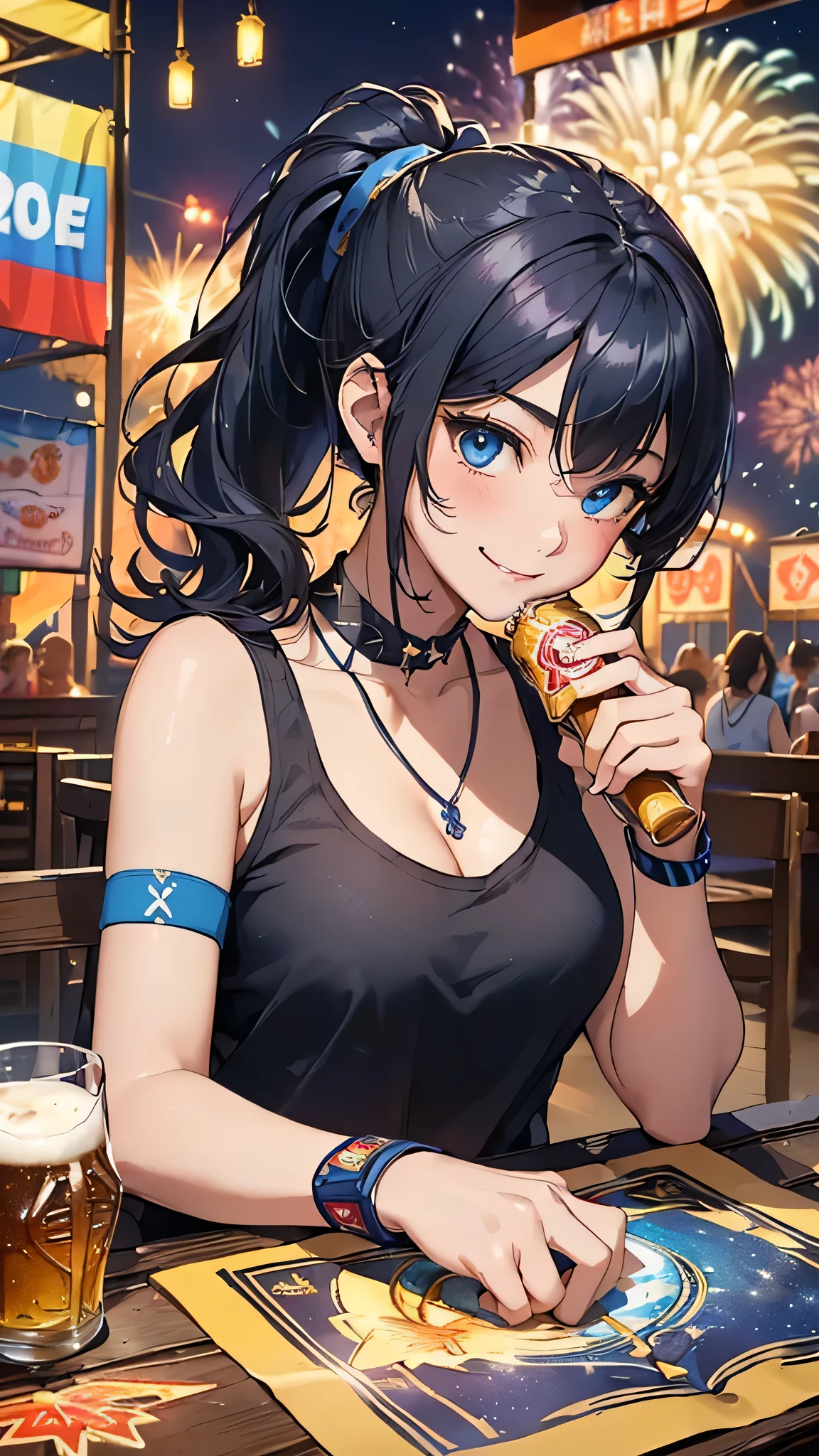 最high quality、Best image quality、masterpiece、With a girl((cute、20-year-old、Best Bust、Medium Bust、Beautiful Blue Eyes、Spread your chest wide,Black Hair、ponytail、Disheveled Hair、thin、Highest Valley、Blue Tank Top、Blue shorts、smile、Beer を持つ、Drunk、necklace、Wristband))high quality、Beautiful art、background((night、festival、stall、Fireworks、Beer )),Tabletop、Exquisite design、Visual Arts、Written boundary depth、Best lighting、Highest detail、8k