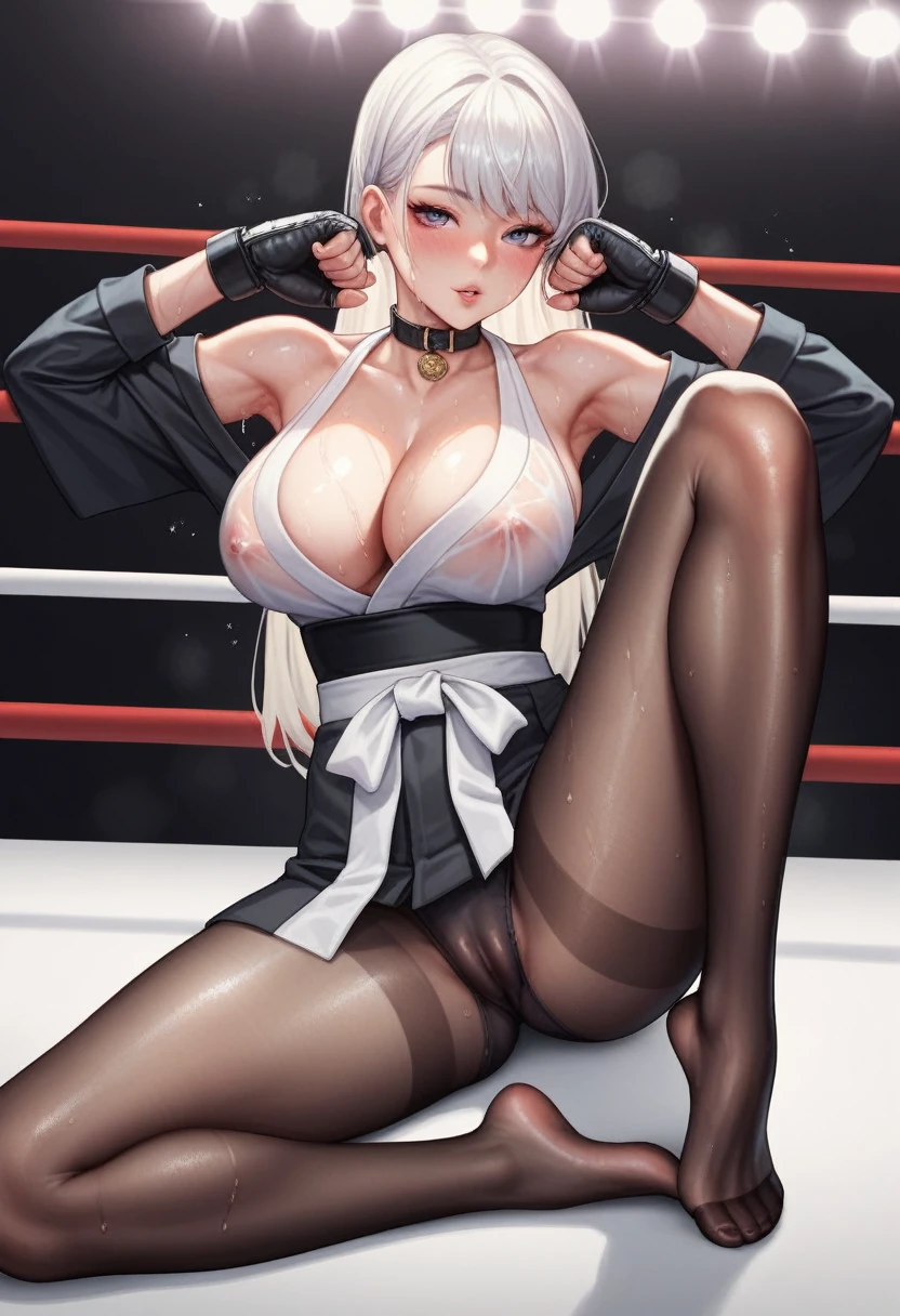korean beautifull girl，18 years old,Pretty Face，Good shape，detailed picture, Seductive expression， blush，White long hair, Wearing mixed martial arts clothes，Soaked，Wear black pantyhose，No shoes, Wearing black UFC gloves，Black collar，Black sleeves on arms, Sit in the boxing ring and stretch one foot forward，Large Breasts,Cleavage,Long legs，Thin waist，nipple，Camel toe