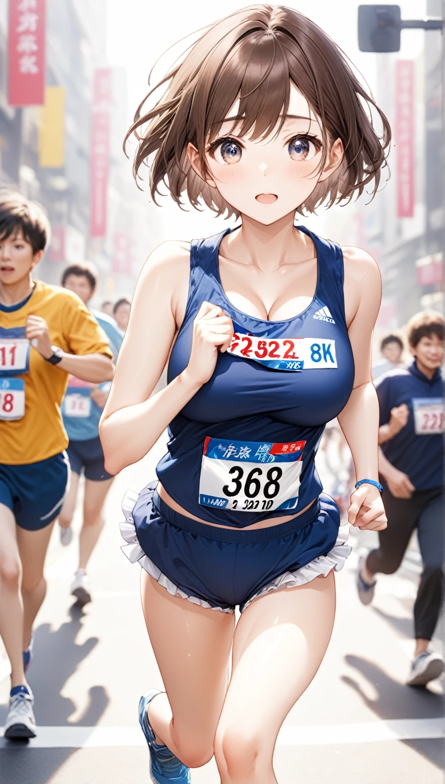 (Highest quality,8k,32K,masterpiece,Ultra-high resolution :1.2 ),born,One girl,Super cute,Natural light,Clear, shining eyes,20-year-old,Fair skin,marathon大会的な電子世界のファンタジー背景,short hair,Brown Hair,Large Breasts,running,marathon,Bib number,Navy blue bloomers