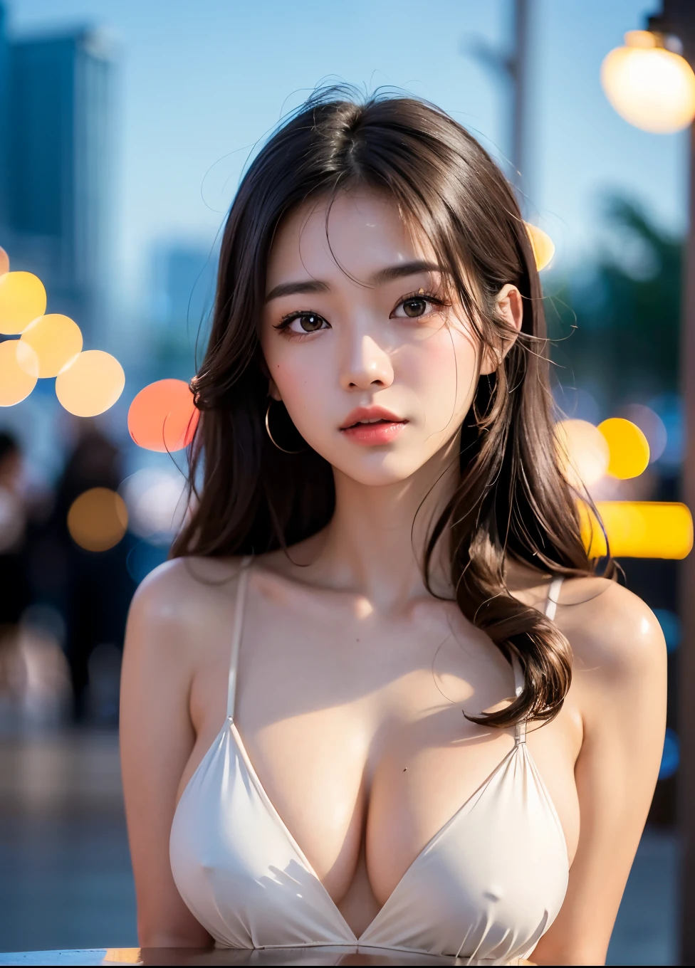 Photo of an 18 year old girl with oriental features、raw、Beautiful woman、(very long wavy brown hair)、((portlate))、((detailed face:1.2))、((detailed face 특징))、(Fine skin)、pale skinned、High Detail Deep Cleavage Body Comfort Matte Suit、megacity environment、(cool colors)、Moist、Moist、reflector、(masterpiece)(perfect proportions)(photo realistic)(top quality)(Detail)Shot with Canon EOS R5、 50mm lens, F/2.8, HDR, (8k) (wallpaper) (movie lights) (dramatic lighting) (sharp focus) (complication) Low fashion、(camel'toes)、((Tokyo cityscape at night))、thin, Transparent underwear、((hair with colored mesh:1.2))