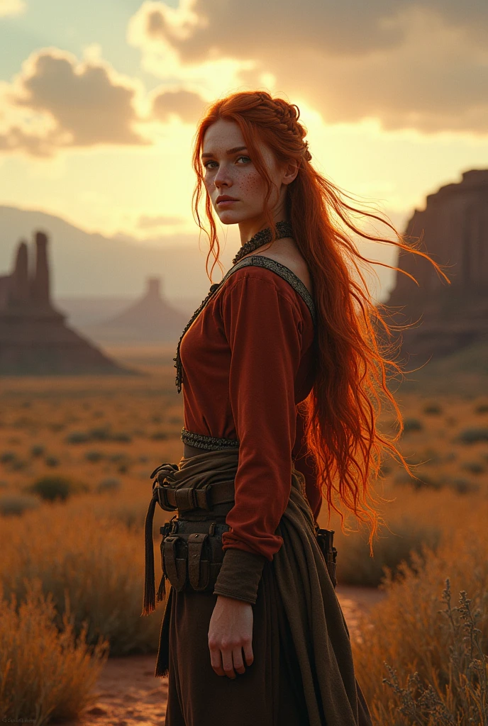 Jeune femme rousse, d'origine irlandaise, cheveux longs avec quelques tresses, tâches de rousseur apparentes, élevée par des natif américains dans un univers far west
