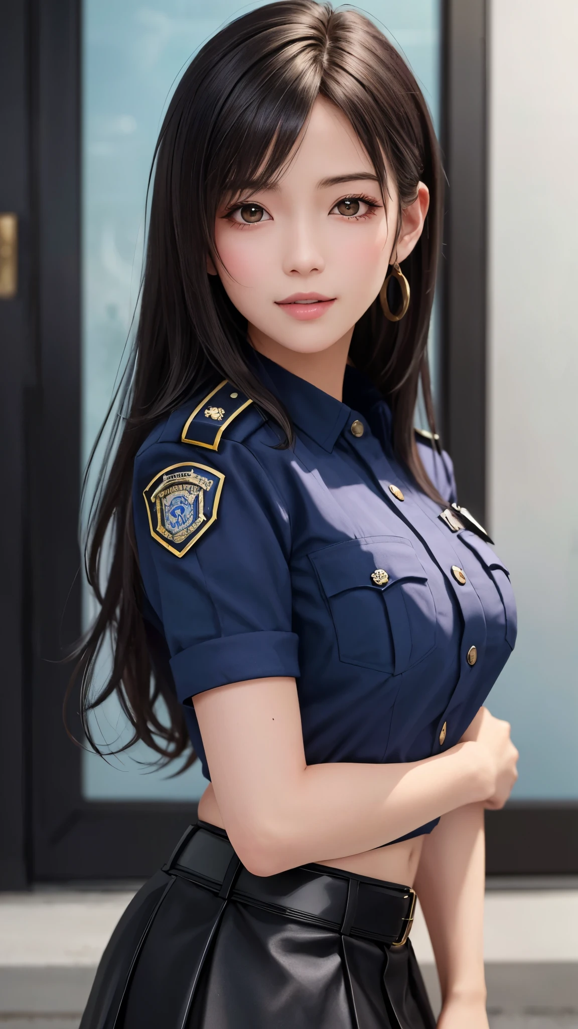 (((Masterpiece, artwork, detailed, portrait))) ((Police Girl, sexy Police Uniform, Skirt, Cute and Elegant, Dramatically Posing)) Lovely, sexy, attractive, City Night Background, ambient lighting, long hair, open clothes top buttons, NSFW