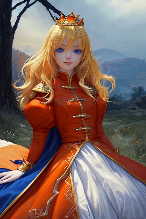Guardian Tales Game Characters,Girl1,Little Princess,blonde hair,hair between the eyes,blue eyes,The eyes are detailed.,Red coat 1:1,Top with skirt,Two-layer skirt,(Orange Shirt),White lower skirt,crown,Sleeping position,look at the viewer,Big smile,Vast meadows,(Outstanding Achievements),(sharp)(,Highly detailed),((Realistic))