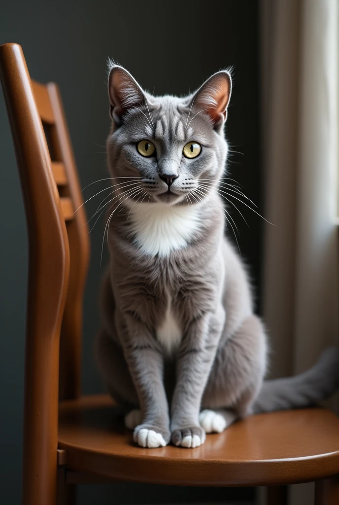 Gray Manx cat with a white chest sitting on a chair 