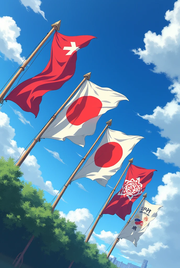 5 banner flags raising anime front