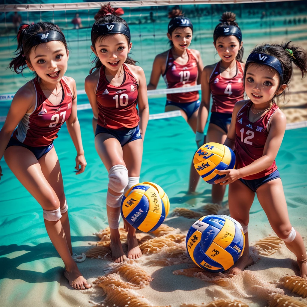 ExtremelyDetailed (((Beach Volleyball Team Kawaii Kids in a row:1.4))), Childish perfect face, Reflective Eyes, Detailed(Delicate Clothing textures), Corrected Leg to Foot Line, Corrected Perfect Hand, Dynamic Joyful Expressions LifeLike Rendering, ((Specular Reflection:0.5)), TopQuality 8K Ultra-detailed masterpiece (ProfessionalPhoto:1.37)(Acutance:0.8),(Luminism:1.28),