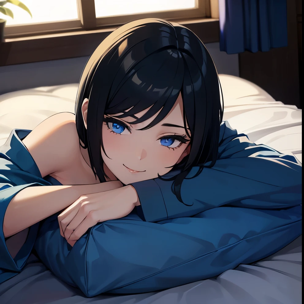 [(Beautiful young girl) (short black hair) (blue eyes) (flat chest)]  ([high Definition] [correct anatomy]): (morning time) (morning sun ligth thru a window) ( wearing pijamas) (laying in a bed) (smiling) (sleepy)