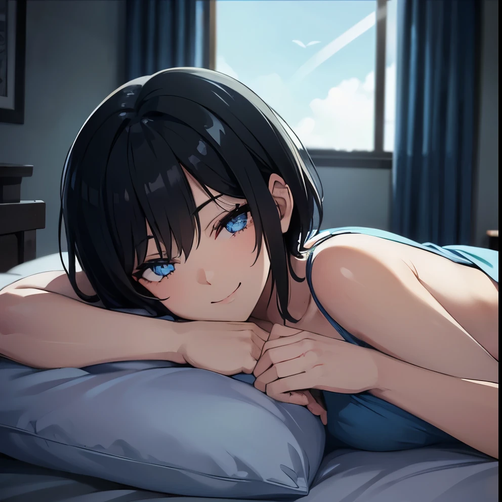 [(Beautiful young girl) (short black hair) (blue eyes) (flat chest)]  ([high Definition] [correct anatomy]): (morning time) (morning sun ligth thru a window) ( wearing pijamas) (laying in a bed) (smiling) (sleepy)