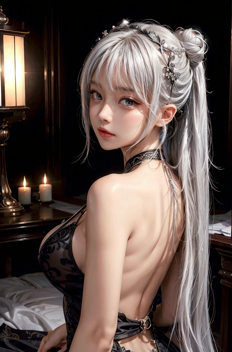 masterpiece, 1 beautiful girl, Delicate eyes, Purebred face_v1, Top quality, Ultra high resolution, (Reality: 1.4), Japanese, Korean, very beautiful, Beautiful skin, slim,Very sexy, (超Reality), (high resolution), (8K), (Very detailed), Delicate face, Bright Lights, Professional lighting, Looking at the audience, Face straight ahead, Black bare back see-through antique style dress,big nipples, Silvery-white hair, long hair, long hair與辮子, Bangs,Double bun,hair accessories。