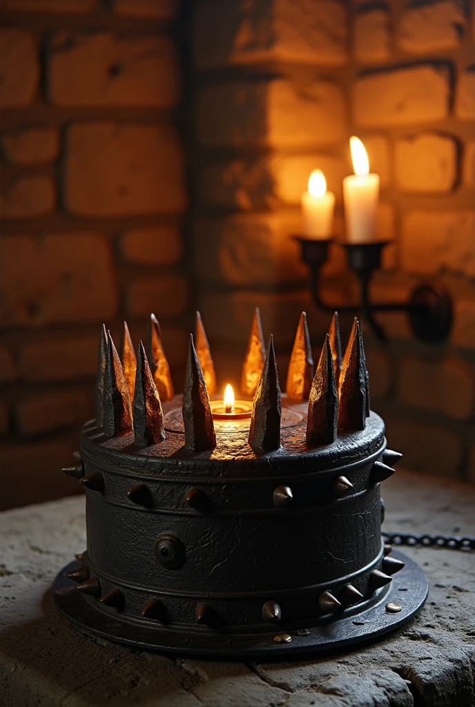 A close-up view of an Iron Maiden torture device, medieval times, with sharp spikes inside illuminated by candlelight in a stone-walled chamber, photorealistic style.