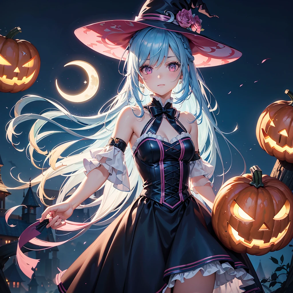 (Sky Blue Hair),(Braided medium hair), (Pink Eyes),Fair skin) ,(whole body),(One Girl),(Crescent Moon),(There are many pumpkin ghosts in the background),(If you don't give me sweets, I'll be mischievous.),Halloween Night Party),(masterpiece, Highest quality, Very detailed, Best Shadow), (Detailed Background), (Beautifully detailed face), High Contrast, (Best lighting, Very delicate and beautiful), ((Cinematic Light)), Hyper Detail,8k, Dramatic Light, Intricate details,Witch's Clothes,Magic broom,night,Bats flying in the background,