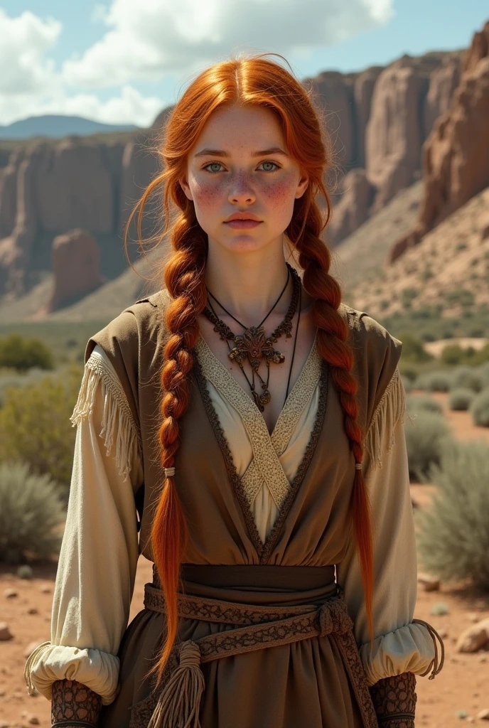 Jeune femme rousse, d'origine irlandaise, cheveux longs avec quelques tresses, tâches de rousseur apparentes, élevée par des natif américains dans un univers far west