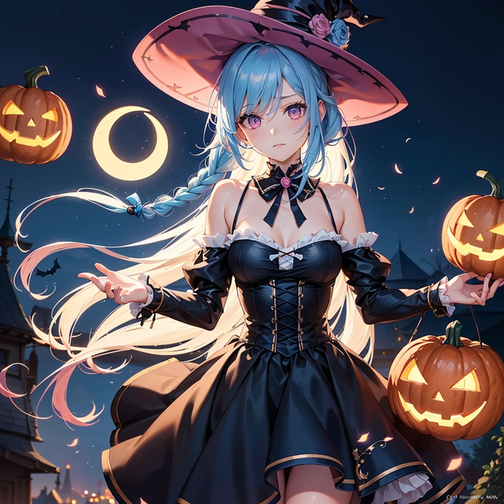 (Sky Blue Hair),(Braided medium hair), (Pink Eyes),Fair skin) ,(whole body),(One Girl),(Crescent Moon),(There are many pumpkin ghosts in the background),(If you don't give me sweets, I'll be mischievous.),Halloween Night Party),(masterpiece, Highest quality, Very detailed, Best Shadow), (Detailed Background), (Beautifully detailed face), High Contrast, (Best lighting, Very delicate and beautiful), ((Cinematic Light)), Hyper Detail,8k, Dramatic Light, Intricate details,Witch's Clothes,Magic broom,night,Bats flying in the background,
