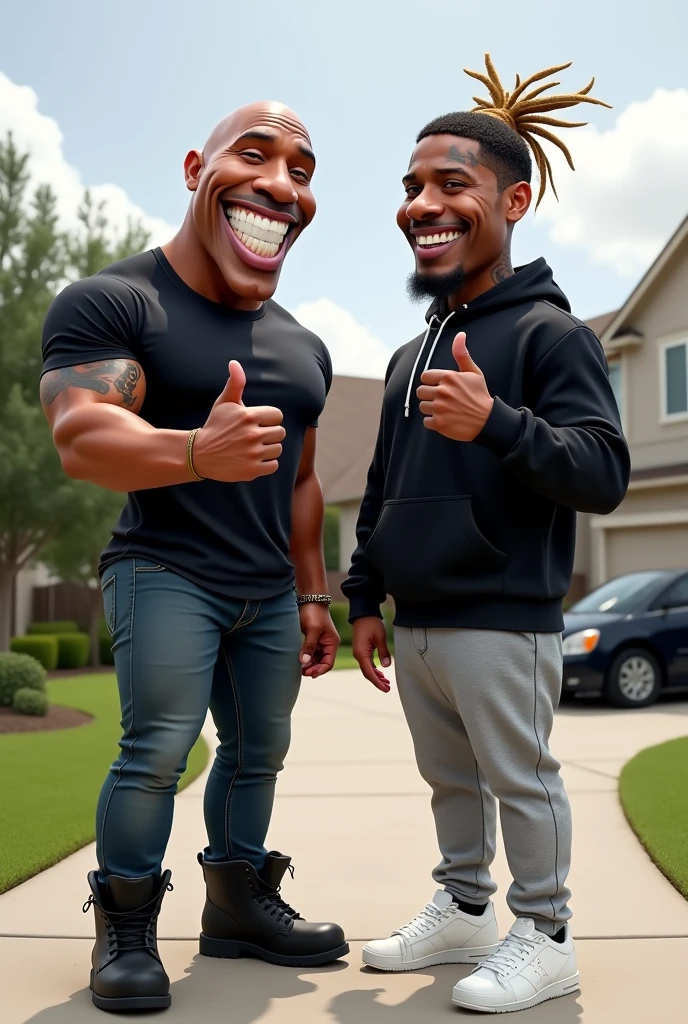 Create a humorous AI-generated caricature featuring two well-known figures standing outside in a suburban neighborhood. The first figure on the left should resemble Dwayne 'The Rock' Johnson, with an exaggerated large head, a big smile, and a muscular . He should be wearing a black T-shirt, jeans, and black boots, giving a thumbs-up gesture. The second figure on the right should resemble the rapper XXXTentacion, with a similarly large head and , featuring his distinctive facial tattoos and hairstyle (half blonde, half black dreadlocks). He should be wearing a black hoodie, grey sweatpants, and white sneakers, also giving a thumbs-up. Both figures should be standing on a paved driveway in front of a suburban house with a car in the background, and the overall tone should be lighthearted and fun."