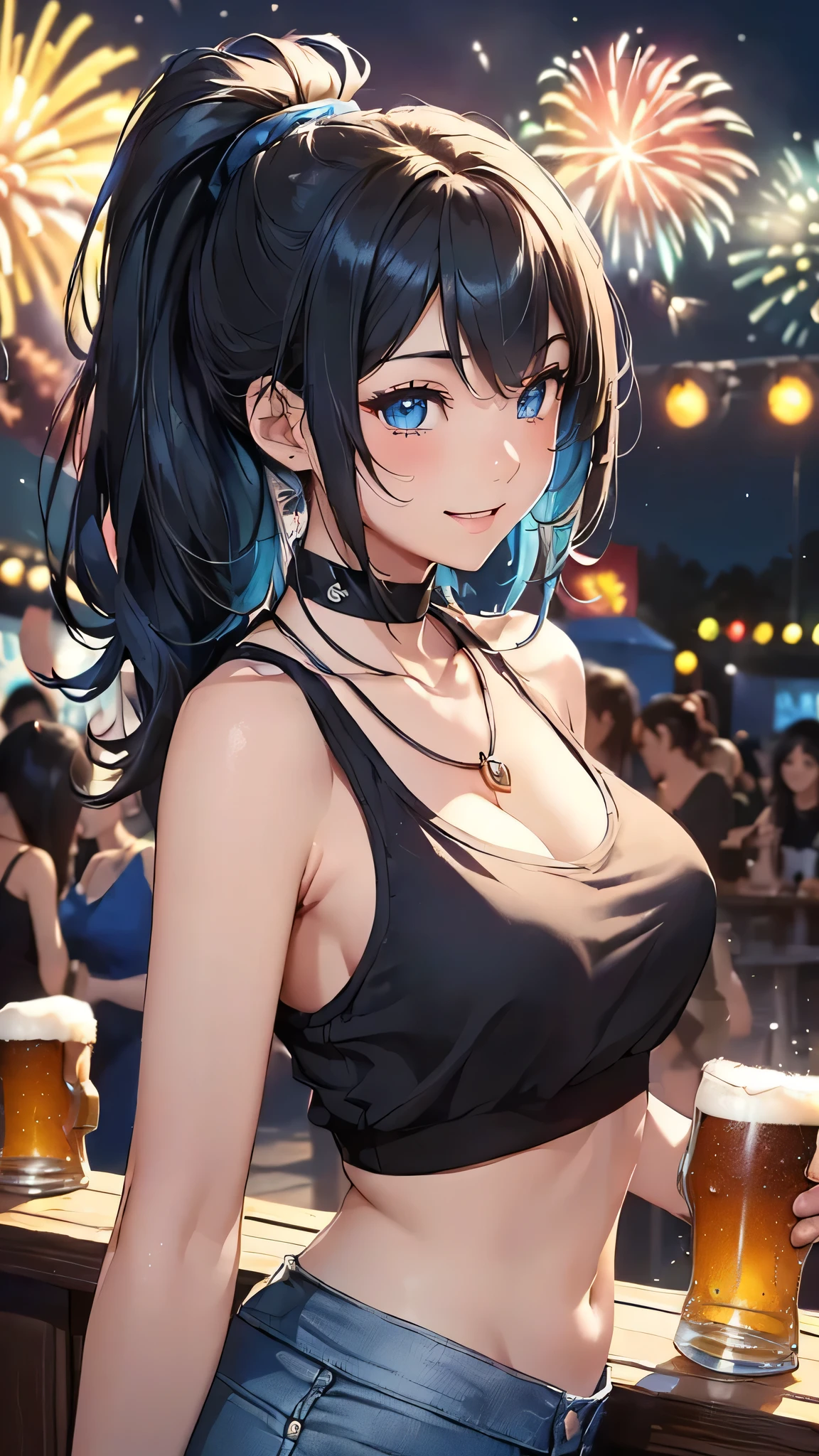 最high quality、Best image quality、masterpiece、With a girl((cute、20-year-old、Best Bust、Medium Bust、Beautiful Blue Eyes、Spread your chest wide,Black Hair、ponytail、Disheveled Hair、thin、Highest Valley、Blue Tank Top、Blue shorts、smile、Beer を持つ、Drunk、necklace、Wristband))high quality、Beautiful art、background((night、festival、stall、Fireworks、Beer )),Tabletop、Exquisite design、Visual Arts、Written boundary depth、Best lighting、Highest detail、8k