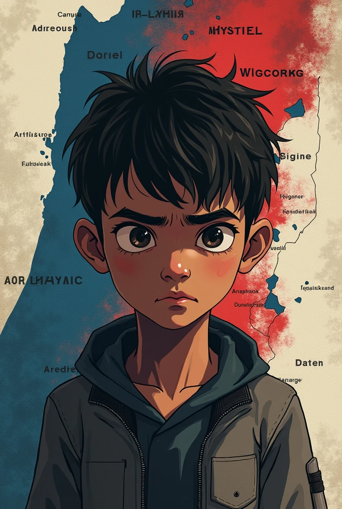 Youtube thumbnail with grater isreal map and sad muslim boy