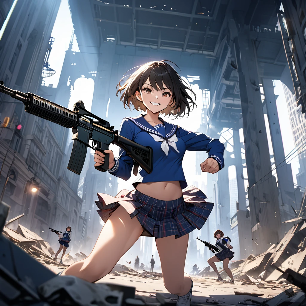 masterpiece, High quality, Cinematic lighting, Front camera angle, Ruined metropolis, High school girl standing on the ground holding an assault rifle (M16), Beautiful girl, Invincible grin, Stylish, Short hair , cleavage, short sailor suit, tartan miniskirt, dynamic pose,