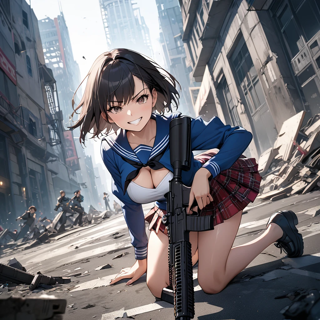 masterpiece, High quality, Cinematic lighting, Front camera angle, Ruined metropolis, High school girl standing on the ground holding an assault rifle (M16), Beautiful girl, Invincible grin, Stylish, Short hair , cleavage, short sailor suit, tartan miniskirt, dynamic pose,