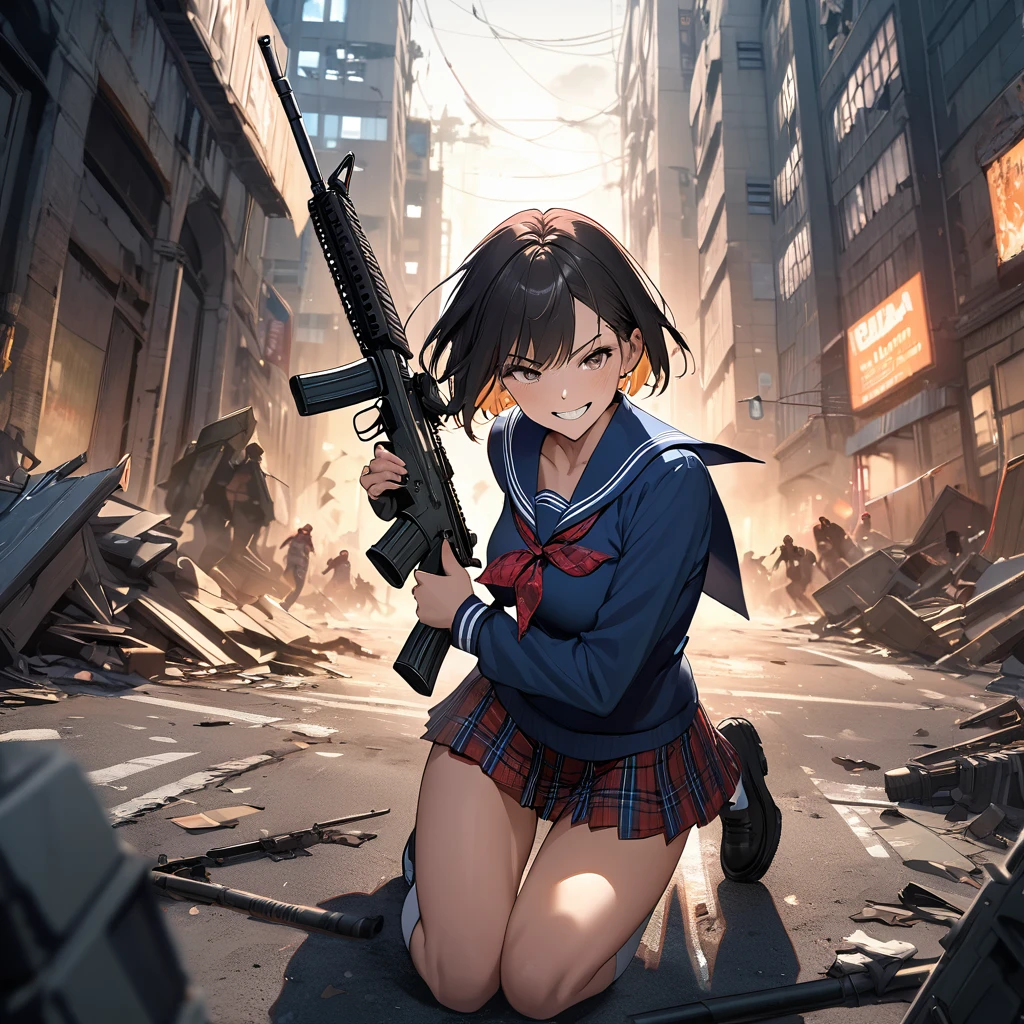masterpiece, High quality, Cinematic lighting, Front camera angle, Ruined metropolis, High school girl standing on the ground holding an assault rifle (M16), Beautiful girl, Invincible grin, Stylish, Short hair , cleavage, short sailor suit, tartan miniskirt, dynamic pose,