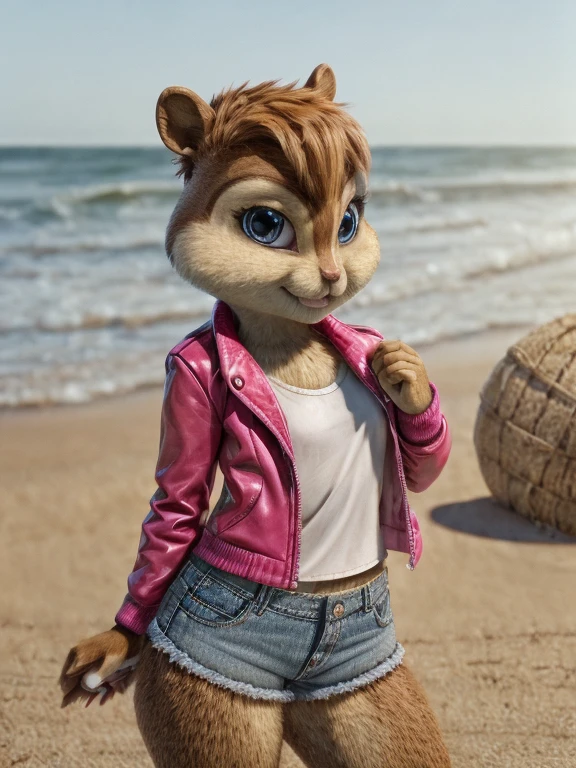 score_9, score_8_up, score_7, score_6,beach, brittany miller, chipmunk, furry, short ears, white top, pink leather jacket jacket, jean shorts, looking at viewer, 6 inches tall,