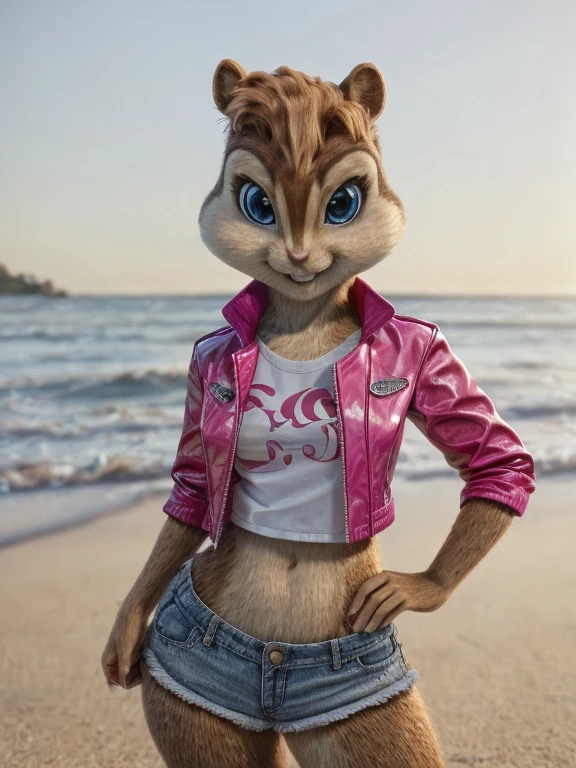 score_9, score_8_up, score_7, score_6,beach, brittany miller, chipmunk, furry, short ears, white top, pink leather jacket jacket, jean shorts, looking at viewer, 6 inches tall,