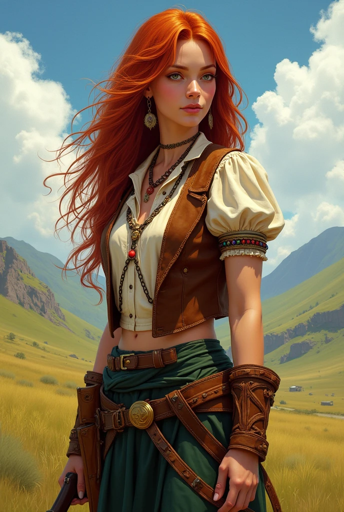 Jeune femme rousse, d'origine irlandaise, cheveux longs avec quelques tresses, tâches de rousseur apparentes, élevée par des natif américains dans un univers far west